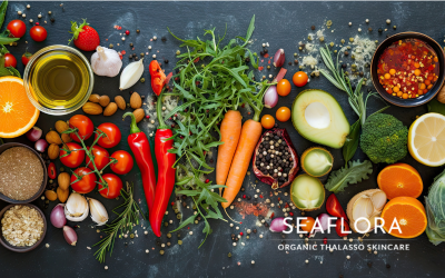 Colorful assortment of fresh fruits and vegetables with Seaflora Skincare logo overlay, symbolizing nutrition and wellness.