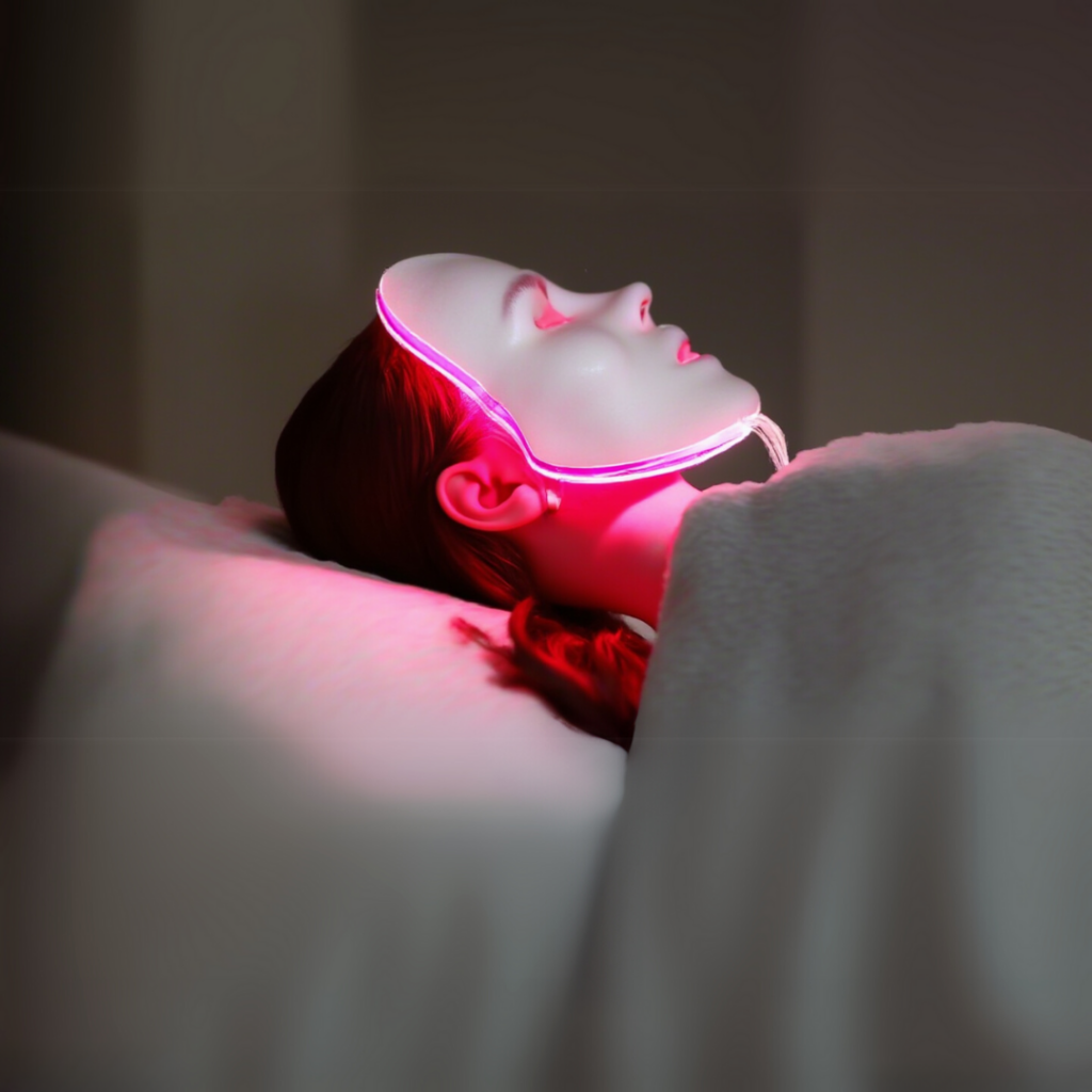 A lady getting LED light therapy on her facial skin.