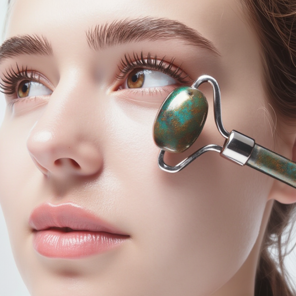 A girl using a Jade Roller on her skin.