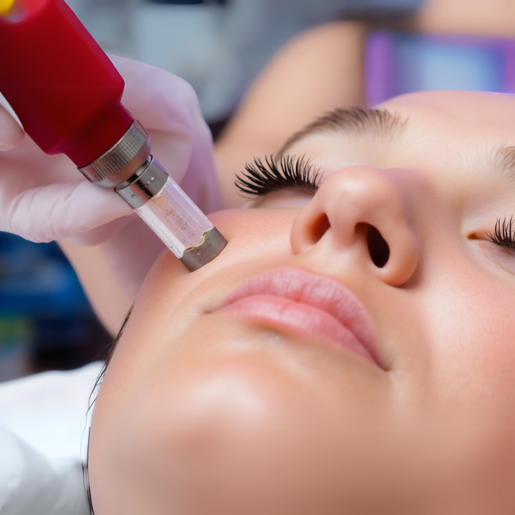 A lady getting Micro needling on her facial skin.