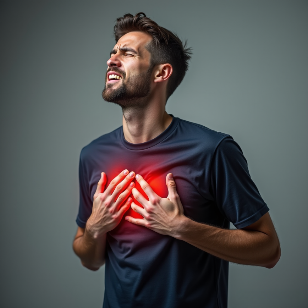 Chest Pain: A Potential Sign of Nutrient Deficiency - Seaflora Skincare a man grabbing his chest in pain as he has a nutritional deficiency.