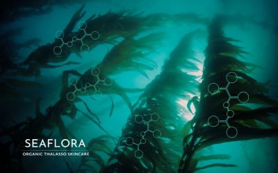 Underwater scene of golden-brown seaweed swaying in deep blue water with glowing collagen molecules floating around it, symbolizing youthful skin renewal. Seaflora Skincare logo included.