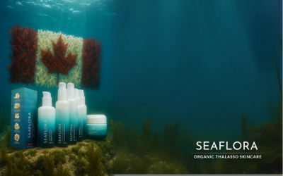 Underwater seaweed arranged like the Canadian flag with Seaflora Skincare products in front, symbolizing Product of Canada. Seaflora logo included.