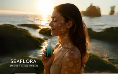 A woman standing on the beach along the West Coast of Vancouver Island holds Seaflora’s Natural Sun Shield Facial Moisturizer. Visible microbiome patterns flow down her arm, symbolizing skin’s natural defense. Seaflora logo is displayed on the image.