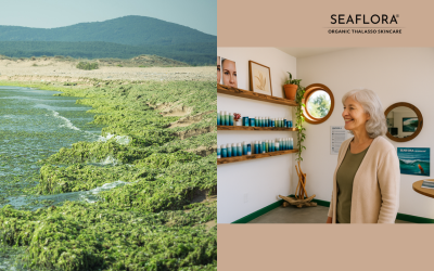 Split-screen image: left side shows seaweed at low tide on a sandy beach with ocean waves and mountains in the background; right side includes Seaflora Skincare’s logo, representing the blog “Seaweed: The Ultimate Natural Vitamin C Boost for Glowing Skin.
