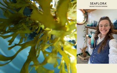 Split-screen image showing vibrant green seaweed swaying underwater on the left, and Emily smiling in Seaflora’s retail store holding a Seaflora product in front of the shelves on the right, with the Seaflora logo included.