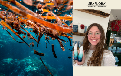 Split-screen image showing red seaweed underwater on the left and Emily smiling in front of Seaflora’s product shelves holding two Seaflora skincare products on the right, with the Seaflora logo included.