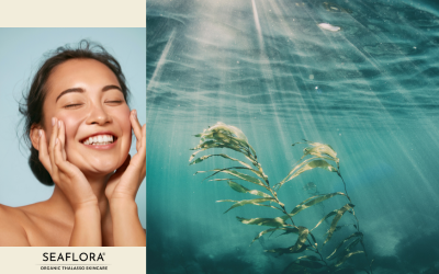 Split-screen image: on the left, a smiling woman gently holds her cheeks, radiating healthy skin; on the right, vibrant seaweed sways underwater. Seaflora Skincare logo included