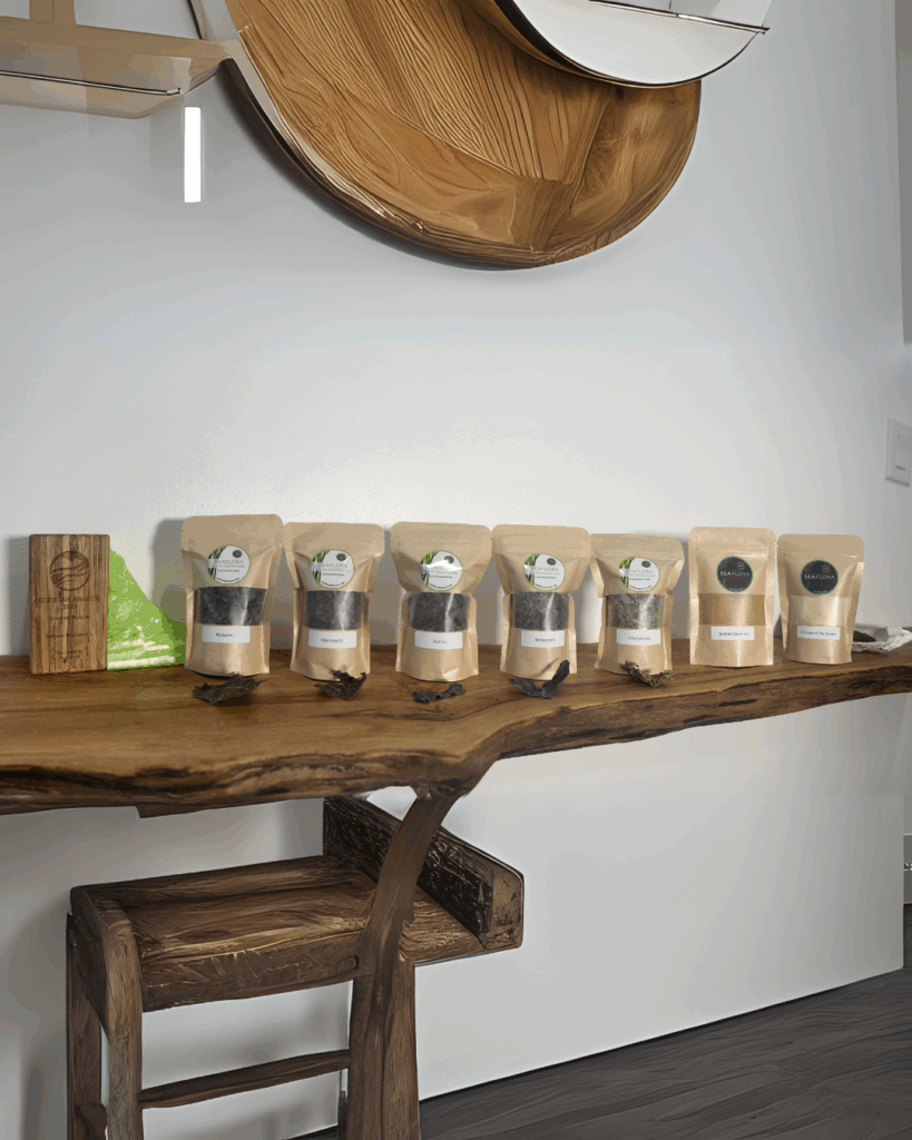 Seaflora's dried seaweed and powdered mushroom on a shelf in their store- which are full of antioxidants.