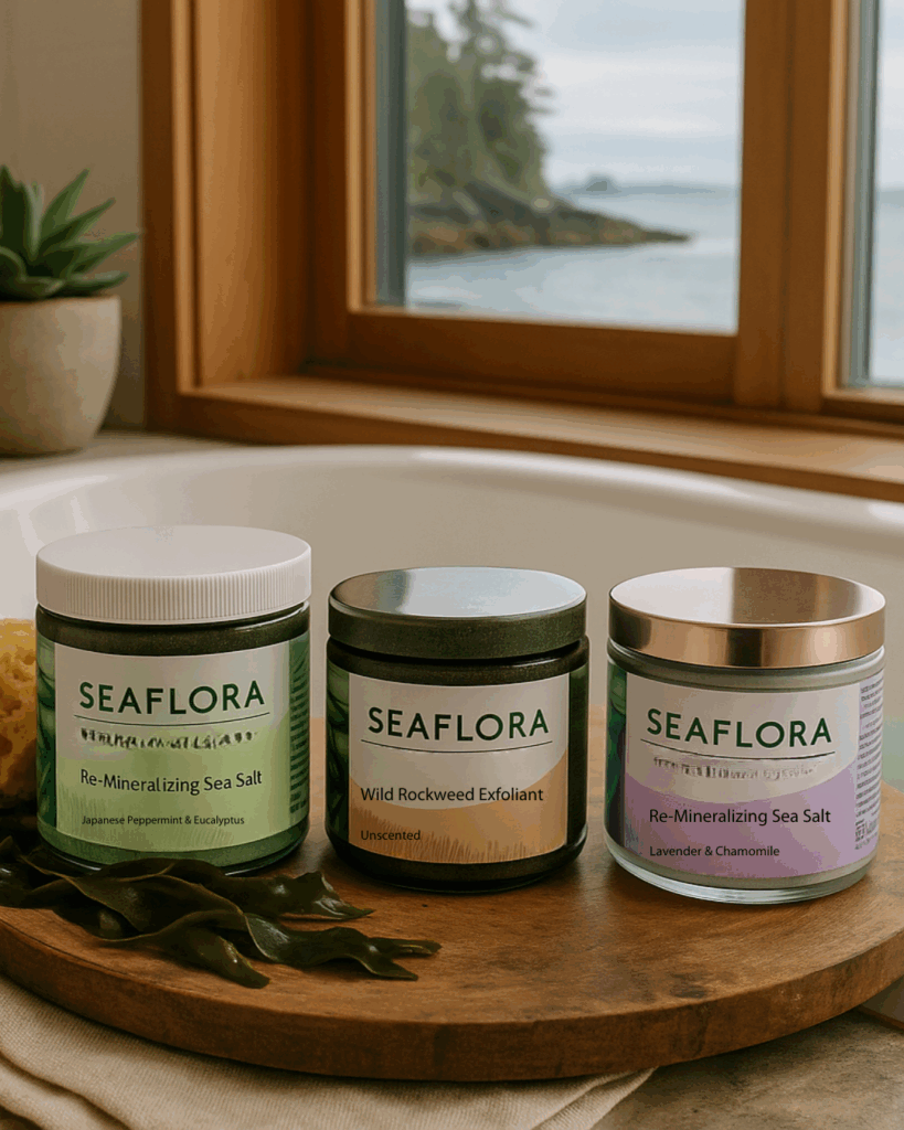 Seaflora's bath salts and Wild Rockweed Exfoliant which represent Blue Mind.