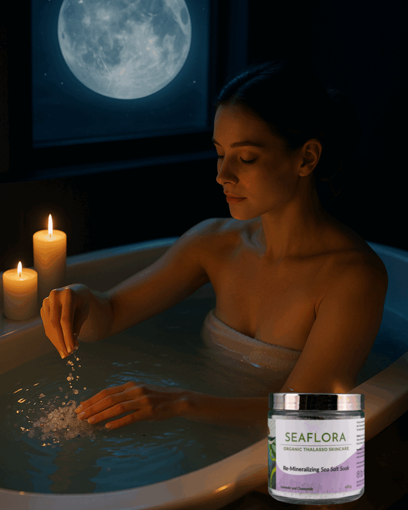 A lady using Seaflora's lavender and chamomile sea soak bath salts while the waxing moon phase is happening.
