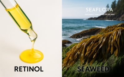 A split-screen image. The left side shows a yellow-tinted skincare product, likely containing retinol. The right side shows green and brown seaweed on the west coast of Vancouver Island. The company logo is in the bottom right corner.