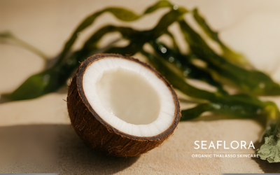 Alt Text A halved coconut sits on a sandy surface, with the interior visible. In the background, out of focus, is seaweed. The blog's logo is in the bottom right corner.