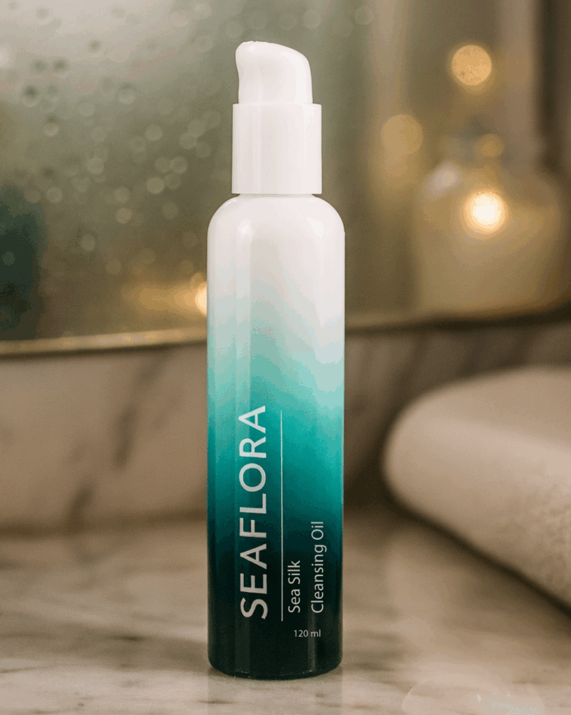 Seaflora Sea Silk Cleansing Oil bottle resting among silky seaweed strands in shallow tidepools, reflecting morning light and the clarity of the Pacific coast shoreline which contains seaweed oil as the base.