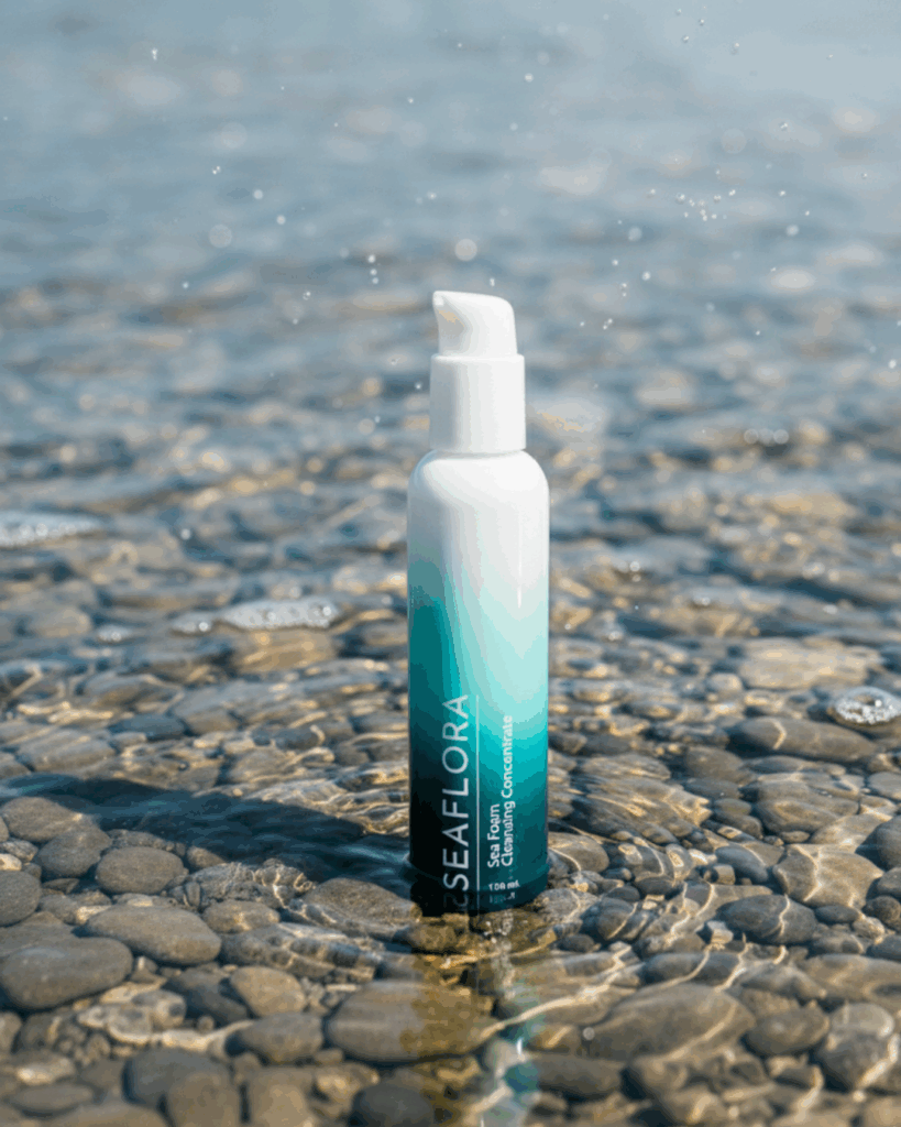 Seaflora's Sea Foam Cleansing Concentrate, the glass bottle depicts the Ocean.