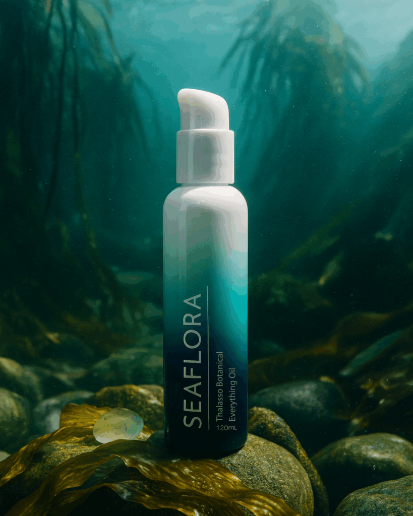 Seaflora Thalasso Botanical Everything Oil bottle resting on a smooth stone at the beach, surrounded by flowing seaweed and lapping ocean waves under soft natural sunlight which contains seaweed oil as a base.