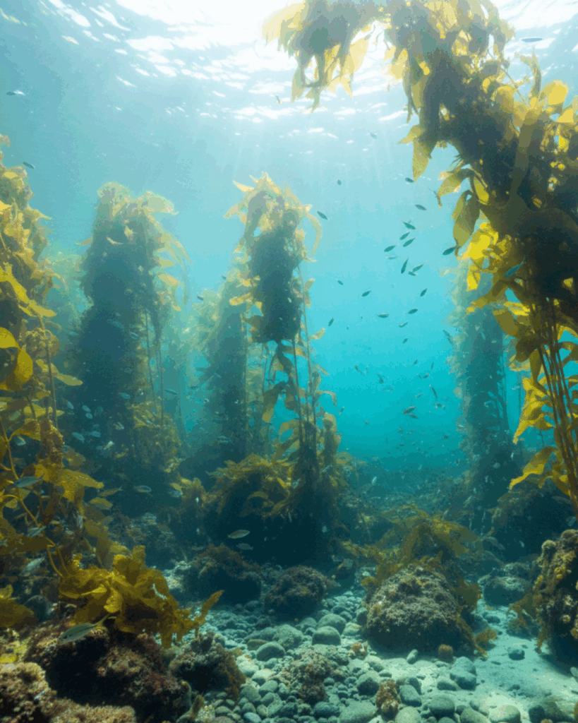 Underwater Kelp forest in the deep blue Ocean.