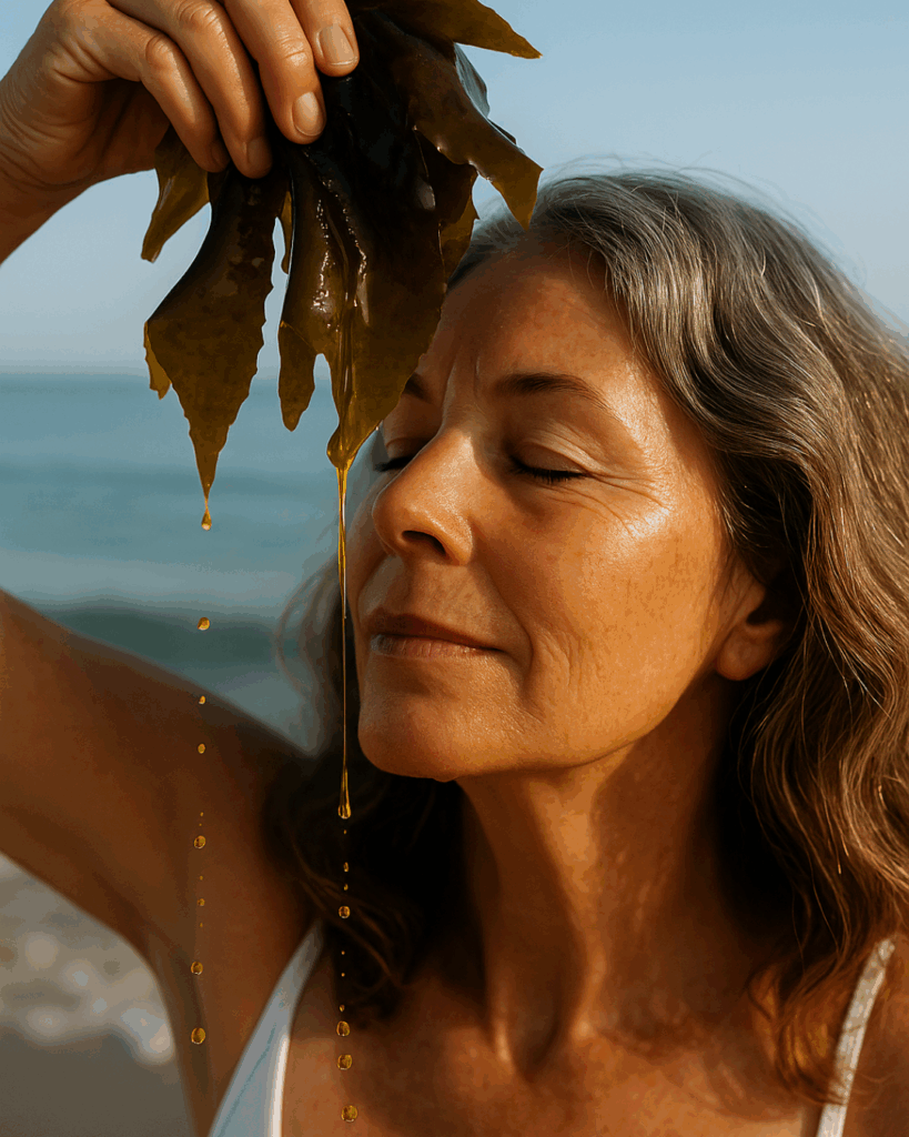 A woman in her 50s stands on a beach holding fresh seaweed in front of her face, as nourishing seaweed oil visibly drips onto her glowing skin.