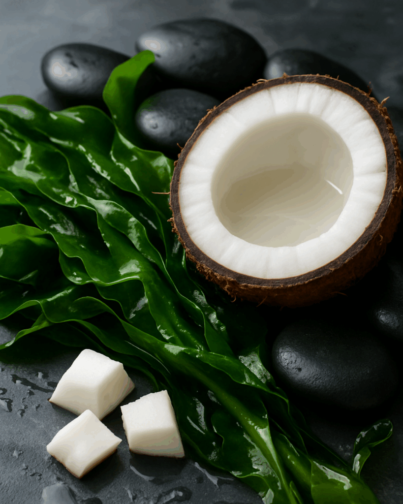 A halved coconut with white flesh exposed and some chunks of coconut in front of it on a dark stone with seaweed to the right.