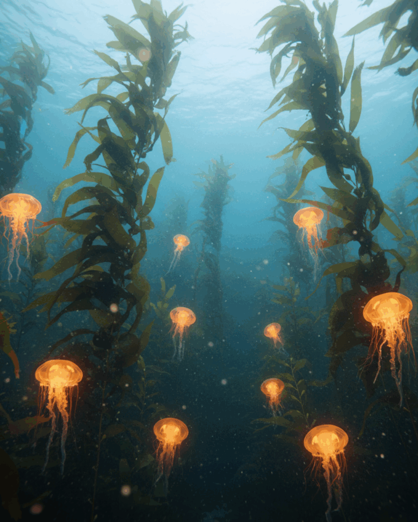 An underwater Kelp (Seaweed) forest with glowing orange Jellyfish that look like Pumpkins.