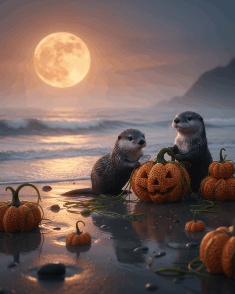Two Sea Otters carving Coral Pumpkins surrounded by washed up Seaweed on a beach on the west coast of Vancouver Island with the ocean waves and moon in the background.