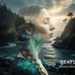 Abstract art illustrating the interconnected flow between brain, gut, and skin, centered on ocean elements, symbolizing holistic healing.