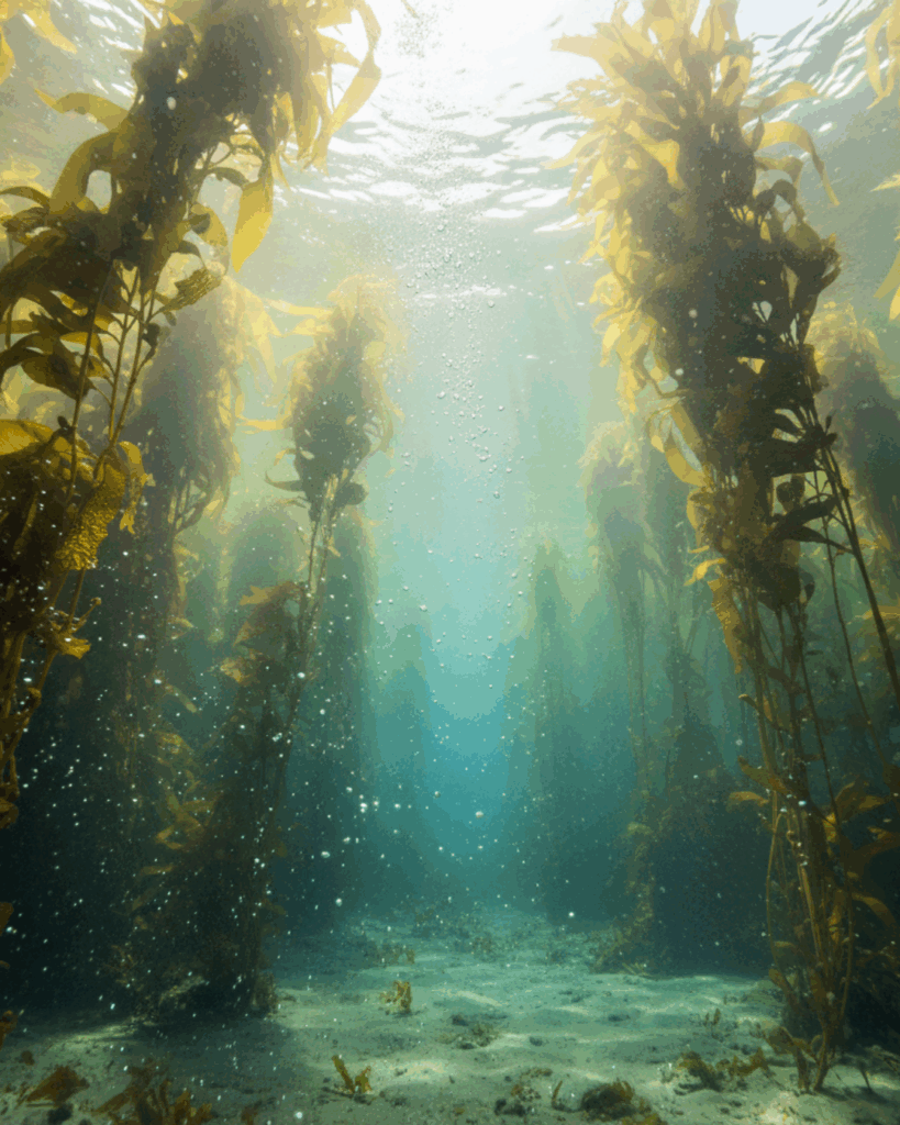 Vibrant underwater kelp forest in clear ocean water, showing diverse seaweed thriving naturally.