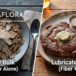 Split screen comparison showing a bowl of dry, abrasive wheat bran cereal on the left labeled 'Dry Bulk' versus a juicy ribeye steak with melting butter on the right labeled 'Lubricated Flow'.
