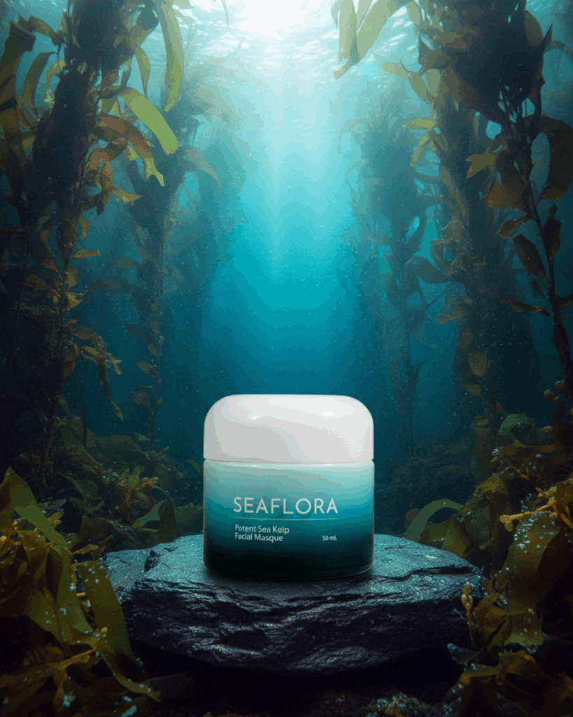 Seaflora Potent Sea Kelp Facial Masque jar surrounded by dark, lush, deep-sea kelp fronds, emphasizing detoxifying marine minerals.