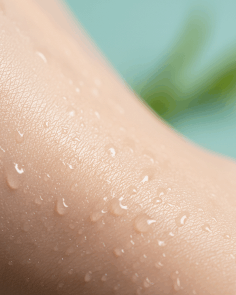 Macro close-up of a dewy, plump, and deeply hydrated skin texture showing a healthy, reinforced skin barrier.