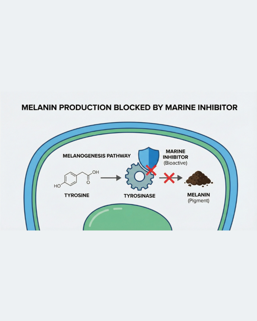 Biological pathway diagram showing a marine inhibitor blocking the Tyrosinase enzyme to prevent melanin production and hyperpigmentation in the skin cell.