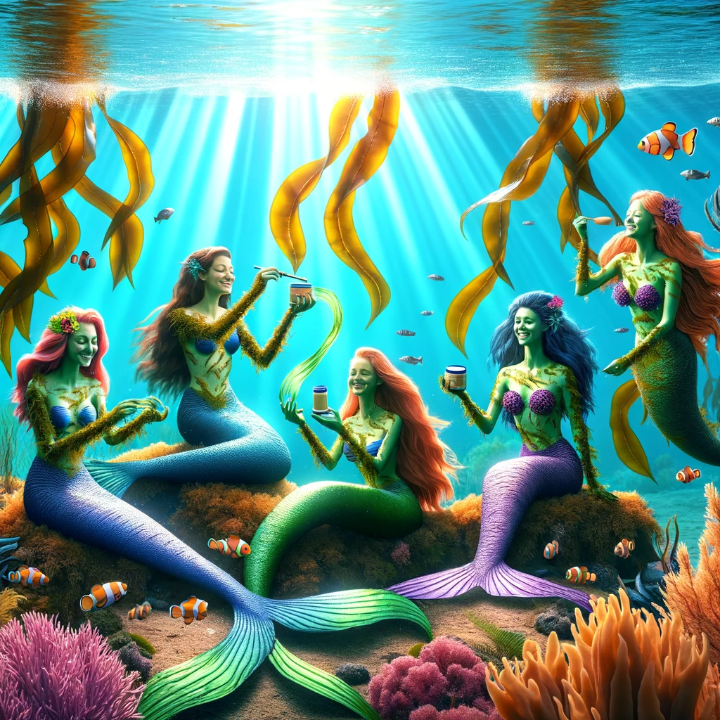 DALL·E-2023-11-19-16.38.11-A-whimsical-and-imaginative-image-of-mermaids-using-kelp-as-sunscreen.-The-scene-should-depict-a-group-of-mermaids-each-with-distinct-and-diverse-app - Seaflora Skincare