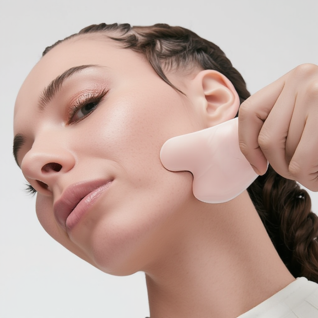 A girl using a Gua Sha on her skin.