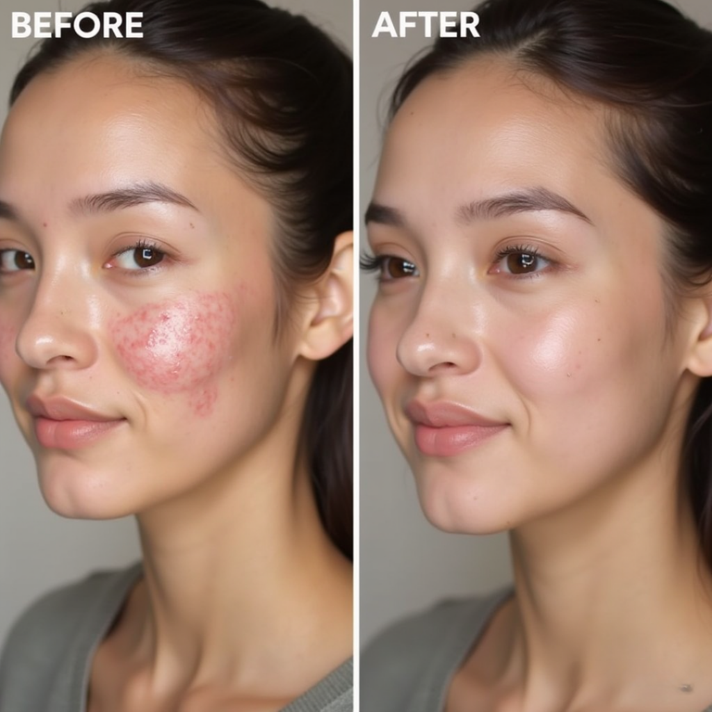 before and after of using the product and on the right side she has healthy skin.
