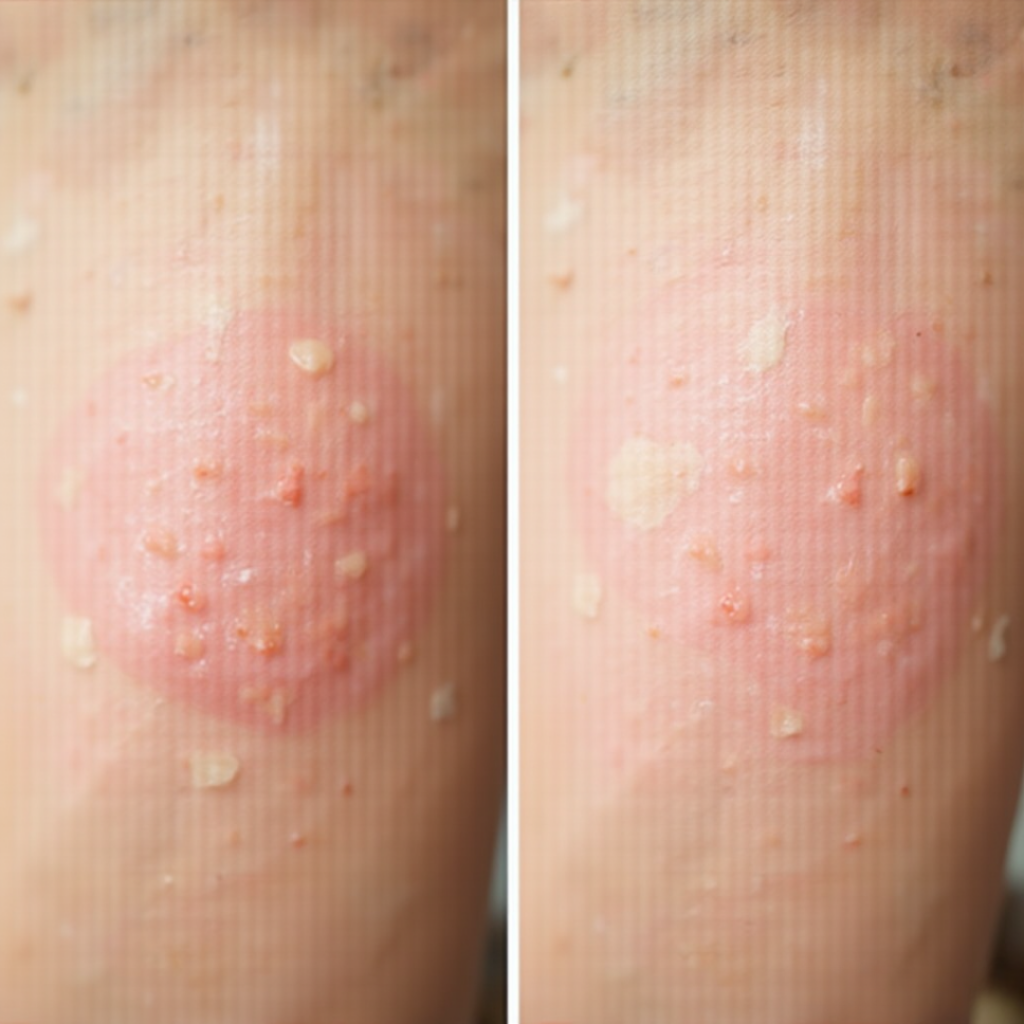 Before and after of using the product. Left side irritated and right side is healthy skin.