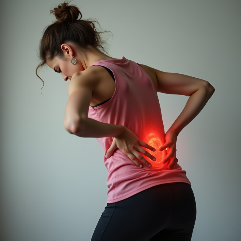 woman bent over in pain due to her lower back as she has a nutrtional deficiency.