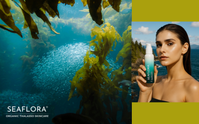 Split-screen image: on the left, vibrant underwater seaweed with bubbles rising; on the right, a beautiful woman holding a Seaflora Skincare product. Seaflora logo included.