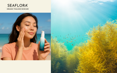 Astaxanthin in Seaweed: The Ultimate Skincare Ingredient - Seaflora Skincare Split-screen image featuring a woman applying Seaflora Facial Moisturizer on a beach, contrasted with vibrant underwater seaweed, with the Seaflora Skincare logo included.
