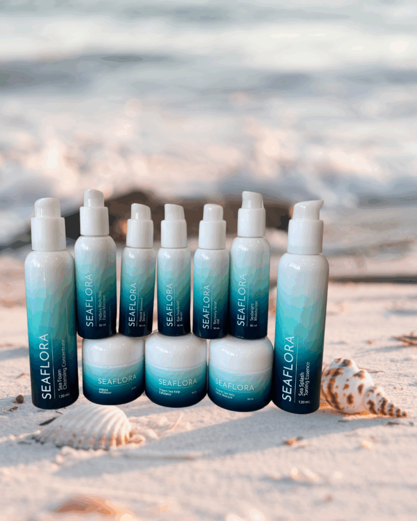 Vitamin Sea Series by Seaflora Skincare on Beach with Sea Shells - Seaflora Skincare Seaflora's Vitamin C Series.