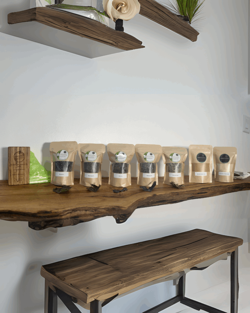Seaflora's Seaweed and mushrooms on a wooden shelf in their store and these products contain Peptides.