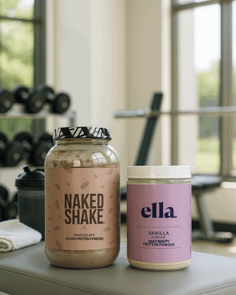 NAKED Protein Shakes – Chocolate and Vanilla in Gym Setting - Seaflora Skincare NAKED and ella protein powder to combat aging skin.