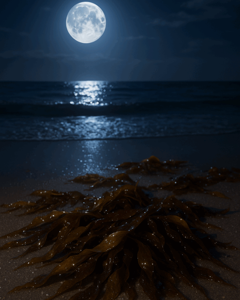 Washed up seaweed on the beach with the moonlight shining down on it.