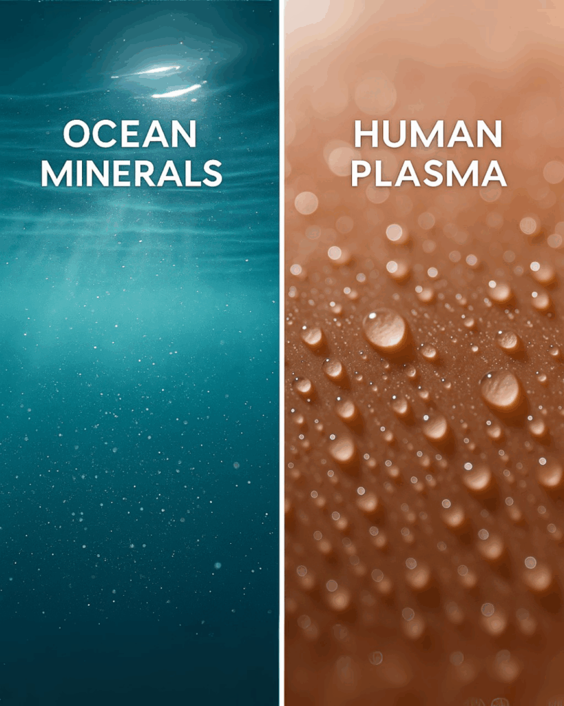 Split-screen comparison image showing ocean minerals on the left — represented by sunlit seawater with visible mineral particles — and human plasma on the right — depicted as a soft-toned close-up of plasma cells under a microscope. The image visually highlights the biological similarity between ocean water and human plasma, a key concept behind Seaflora’s ocean-derived skincare.