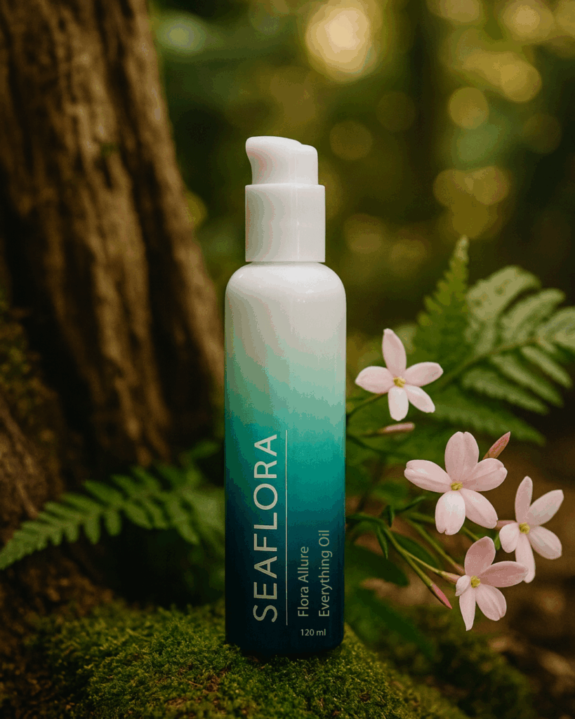 Seaflora Flora Allure Everything Oil bottle placed in a meadow of spring wildflowers, with a soft ocean breeze brushing through the petals and distant West Coast greenery in the background which contains seaweed oil as a base.
