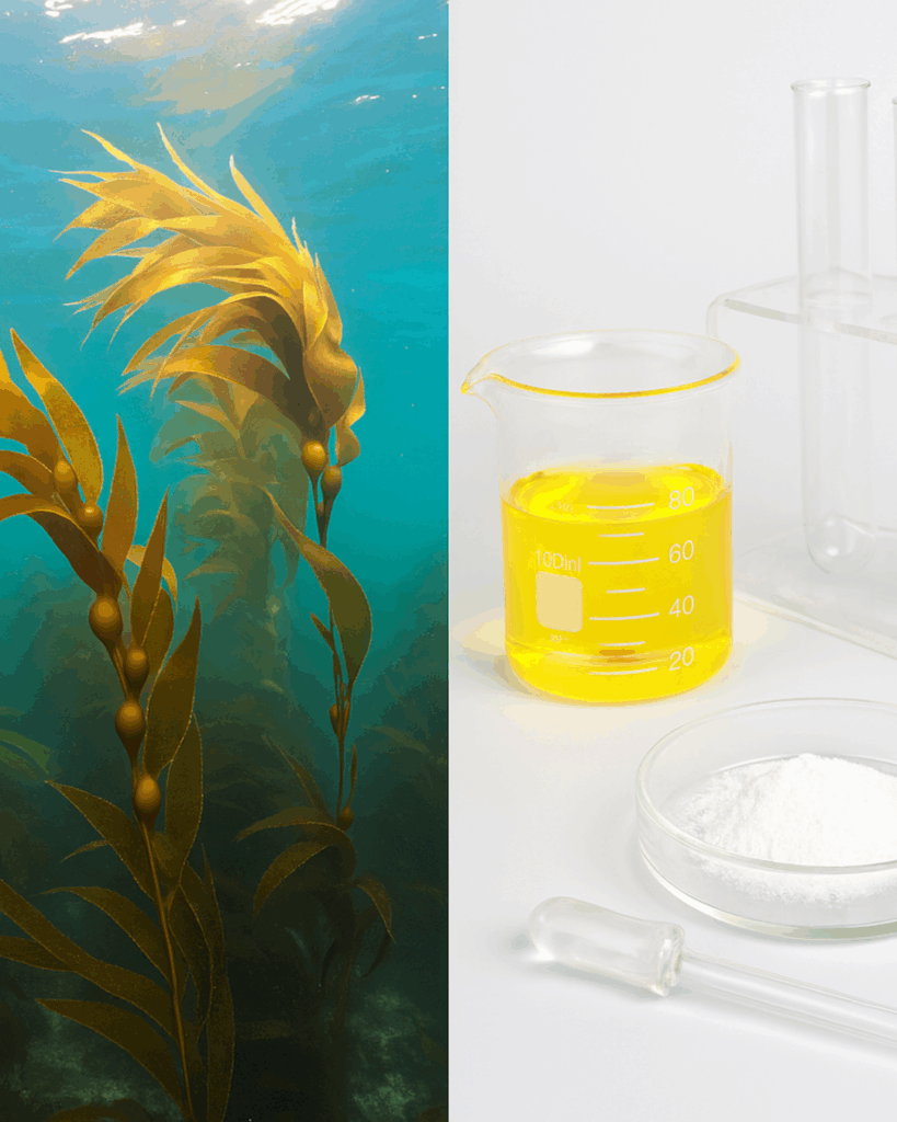 Synthetics vs. Whole Skincare: 5 Reasons Seaweed Is Better for Your Skin - Seaflora Skincare Split Screen image on the left side is Kelp underwater and on the right are synthetic products. To represent Whole Foods vs Synthetics.