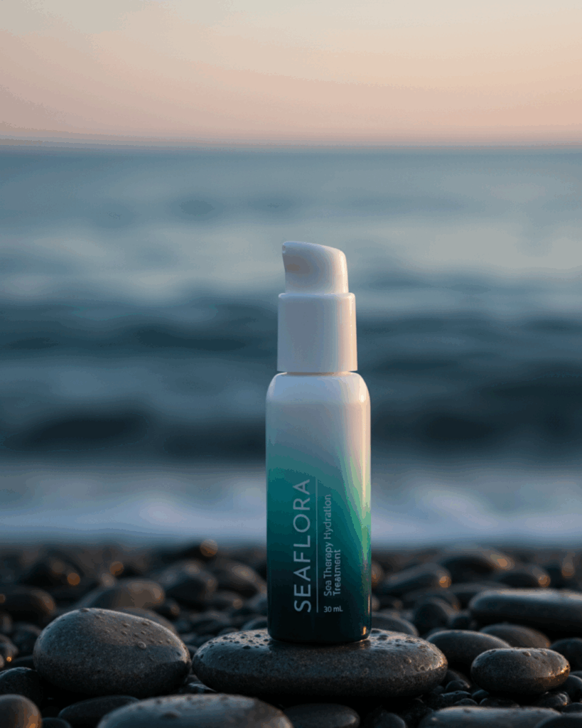 Seaflora's Sea Therapy Hydration Treatment, the glass bottles depict the Ocean.