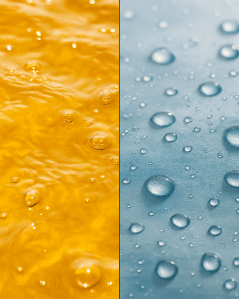 Split-screen image showing oil on the left and water on the right, representing the difference between oil-based and water-based skincare.