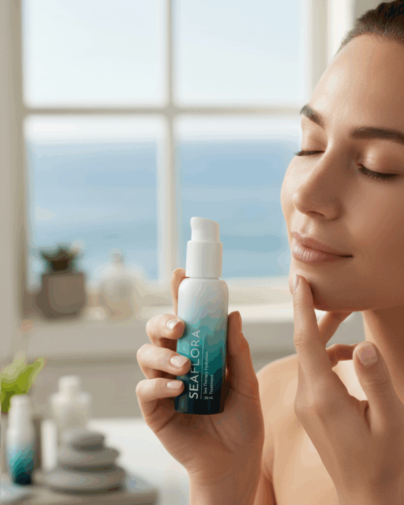 A lady applying Seaflora's Sea Therapy Hydration Treatment to her face in her luxurious bathroom and the Ocean is in the background outside the window.