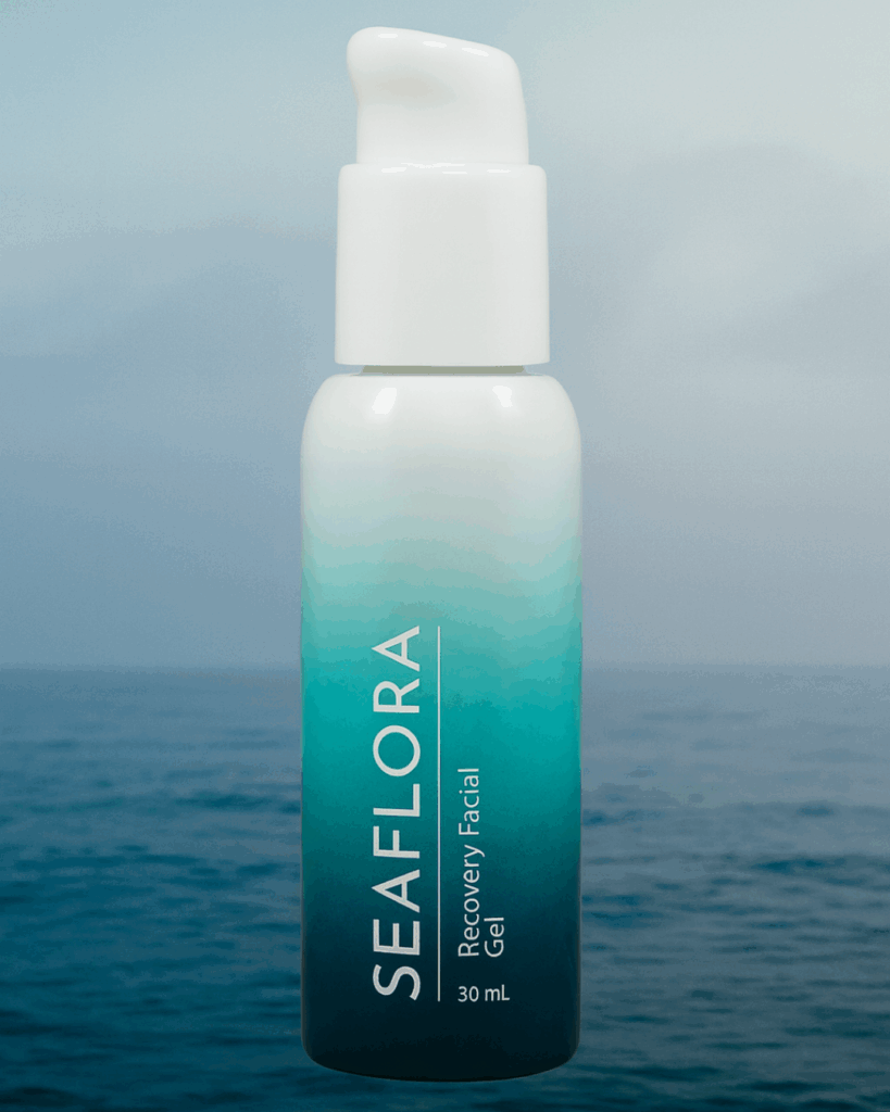 A Seaflora Recovery Facial Gel jar set in a tidepool-inspired backdrop, surrounded by reflective seawater, soft light, and marine minerals. The elegant packaging evokes calm and renewal, reinforcing the gel’s purpose as a soothing, anti-inflammatory recovery treatment made with whole raw seaweed.