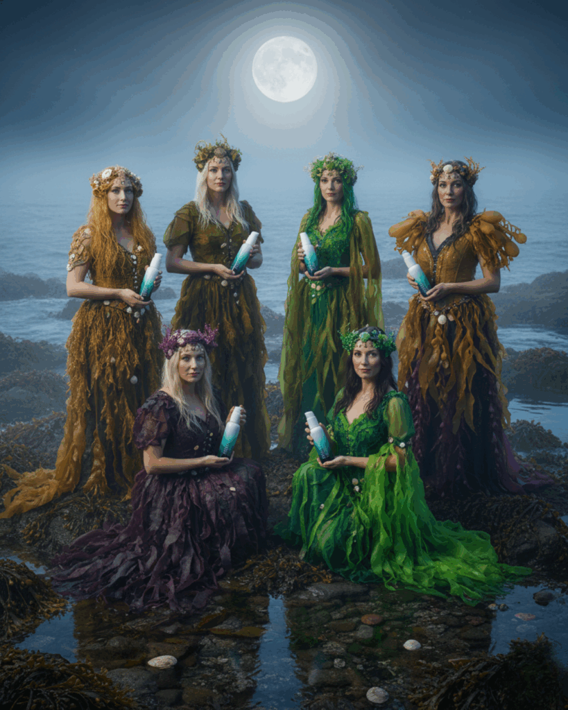 Sea Witch Coven holding Seaflora bottles that all contain Seaweed.
